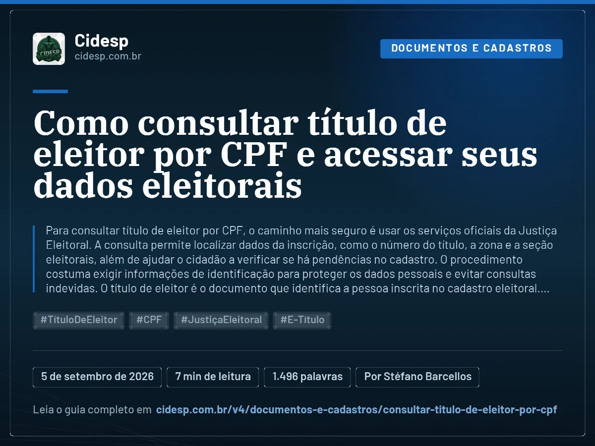 Cartão do artigo “Como consultar título de eleitor por CPF e acessar seus dados eleitorais”, com resumo, data de publicação e endereço da página.