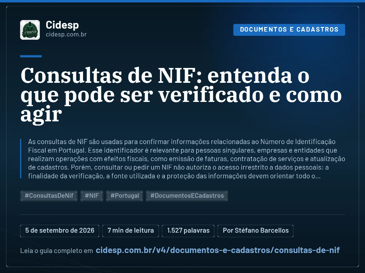 Cartão do artigo “Consultas de NIF: entenda o que pode ser verificado e como agir”, com resumo, data de publicação e endereço da página.