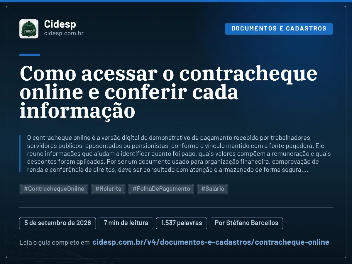 Cartão do artigo “Como acessar o contracheque online e conferir cada informação”, com resumo, data de publicação e endereço da página.