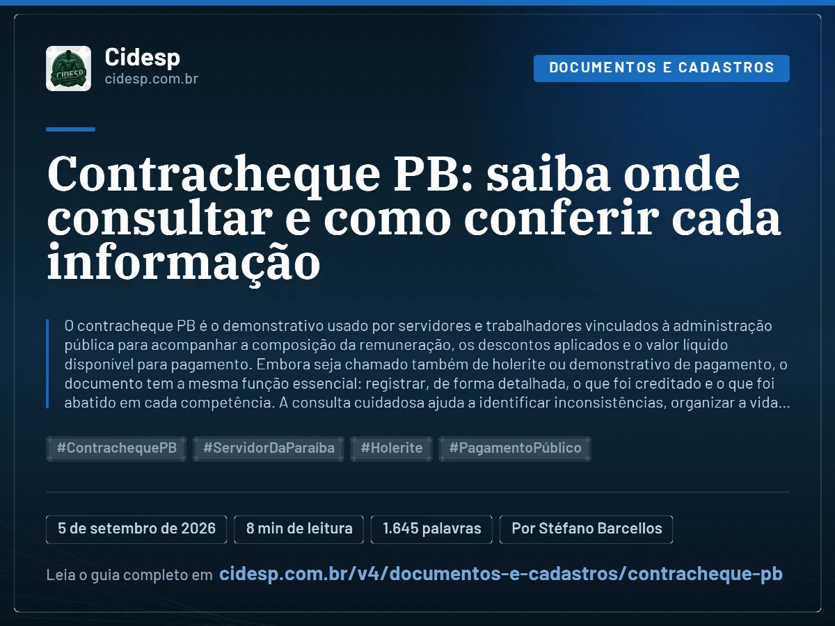 Cartão do artigo “Contracheque PB: saiba onde consultar e como conferir cada informação”, com resumo, data de publicação e endereço da página.
