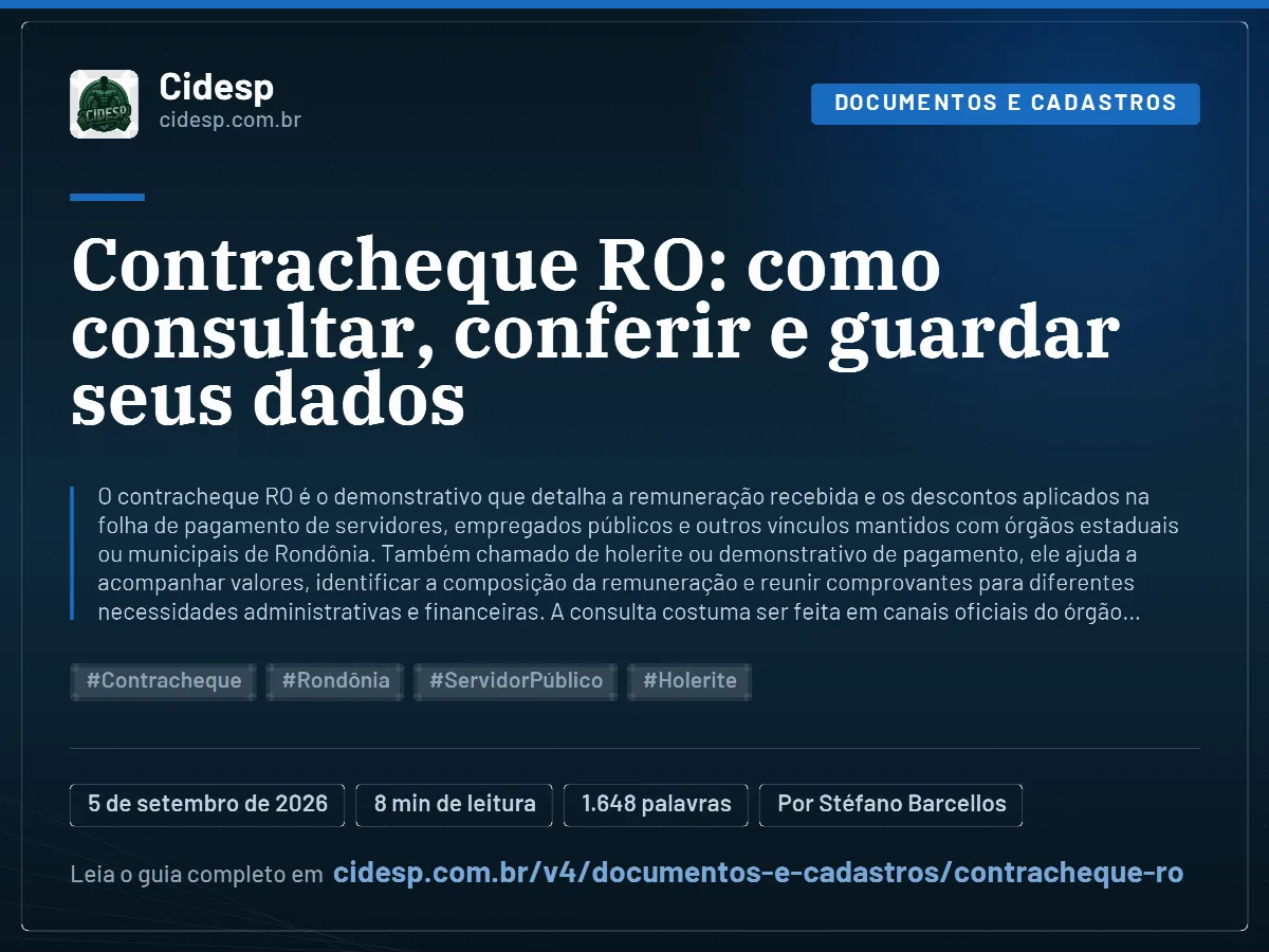 Cartão do artigo “Contracheque RO: como consultar, conferir e guardar seus dados”, com resumo, data de publicação e endereço da página.