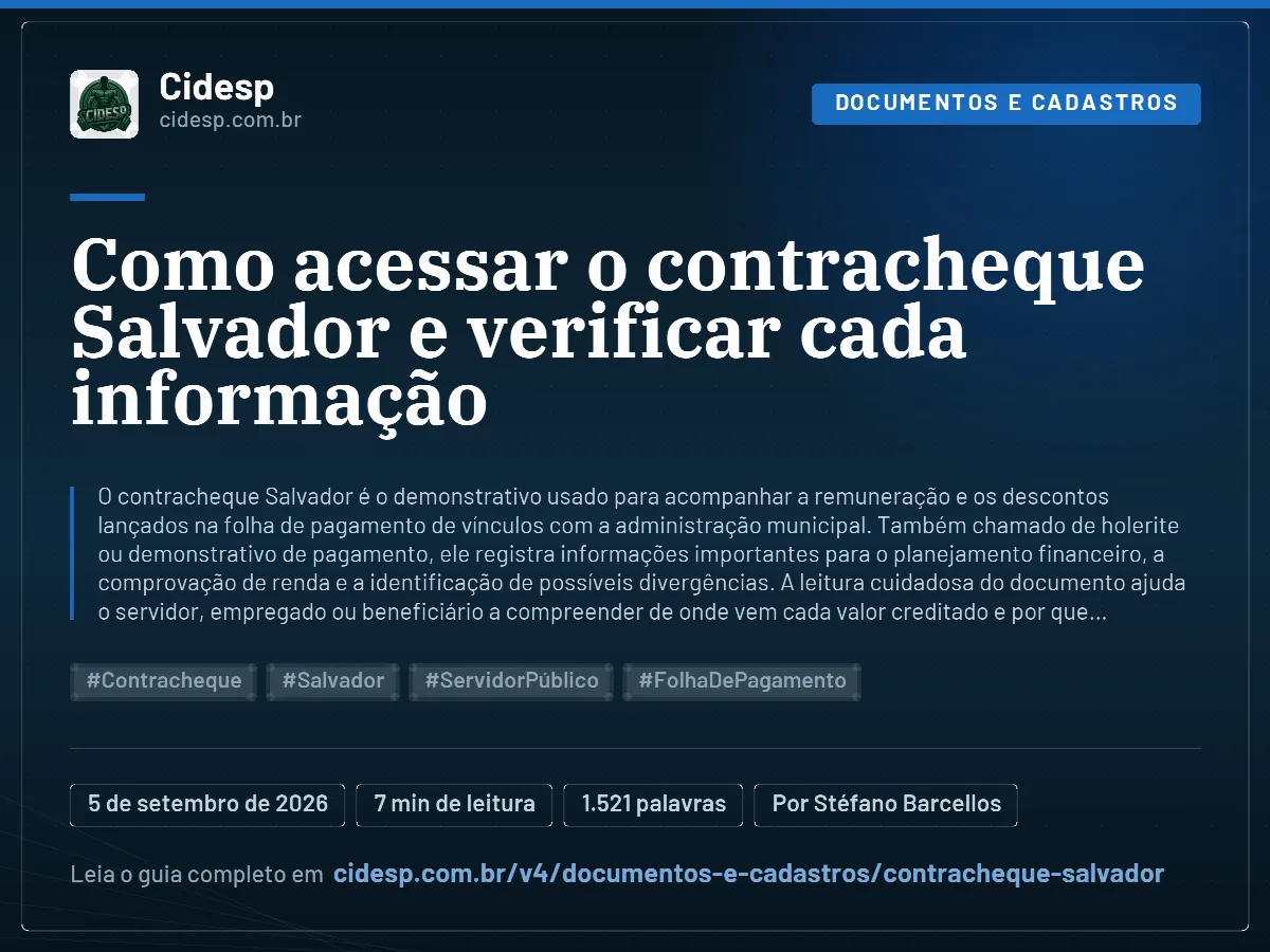 Cartão do artigo “Como acessar o contracheque Salvador e verificar cada informação”, com resumo, data de publicação e endereço da página.