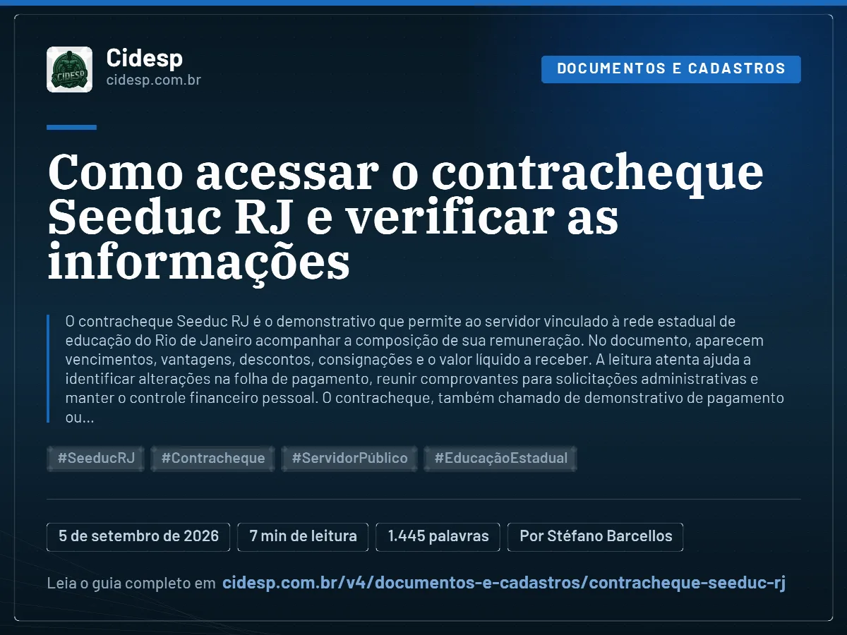 Cartão do artigo “Como acessar o contracheque Seeduc RJ e verificar as informações”, com resumo, data de publicação e endereço da página.