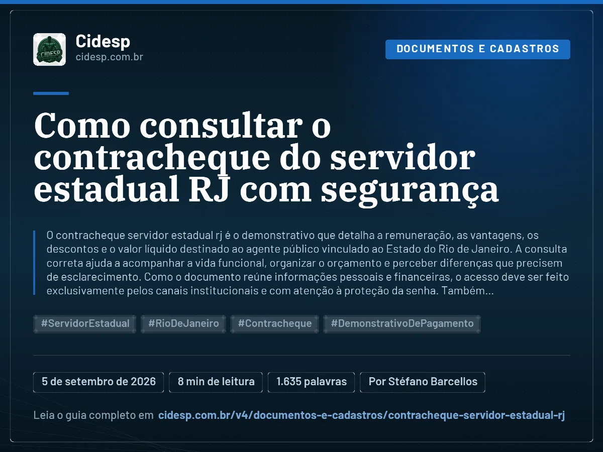 Cartão do artigo “Como consultar o contracheque do servidor estadual RJ com segurança”, com resumo, data de publicação e endereço da página.