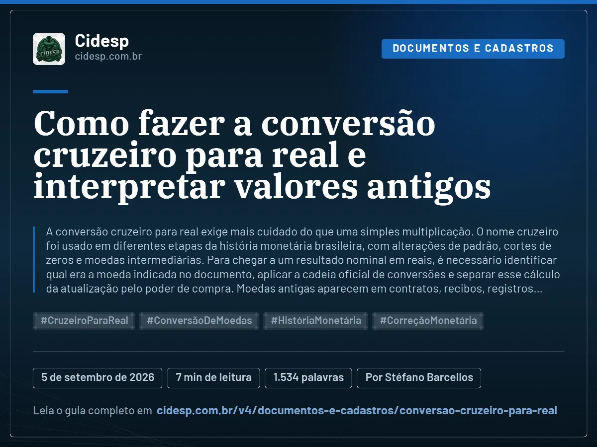 Cartão do artigo “Como fazer a conversão cruzeiro para real e interpretar valores antigos”, com resumo, data de publicação e endereço da página.