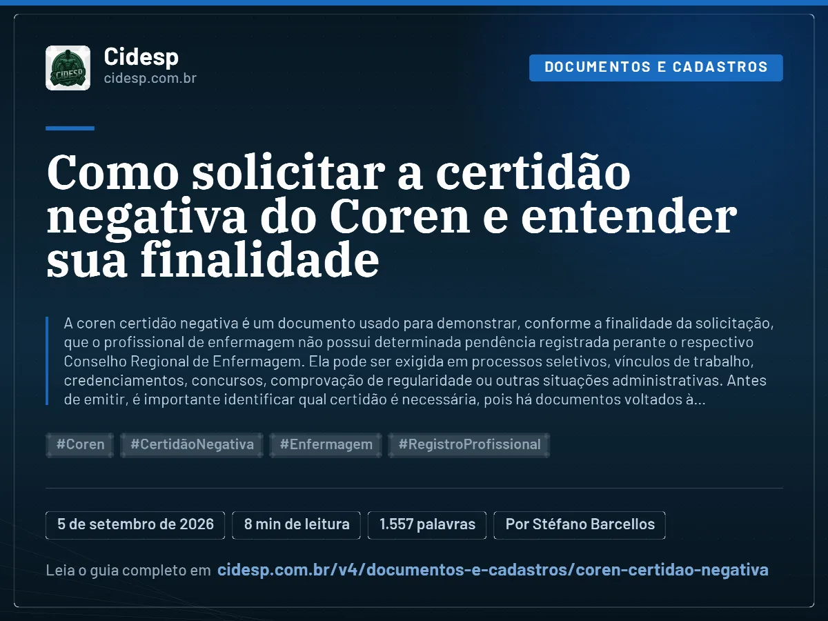 Cartão do artigo “Como solicitar a certidão negativa do Coren e entender sua finalidade”, com resumo, data de publicação e endereço da página.