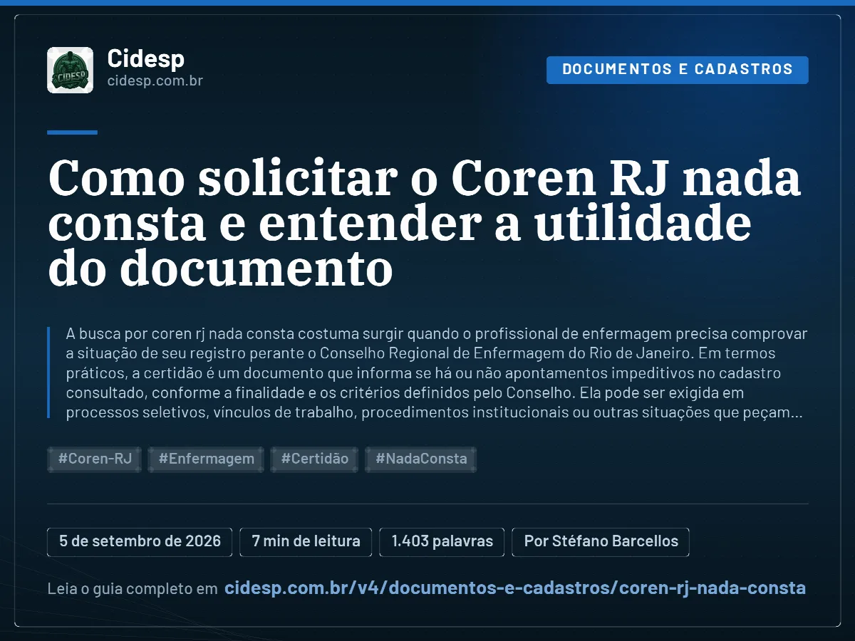 Cartão do artigo “Como solicitar o Coren RJ nada consta e entender a utilidade do documento”, com resumo, data de publicação e endereço da página.