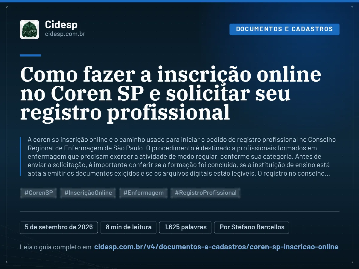 Cartão do artigo “Como fazer a inscrição online no Coren SP e solicitar seu registro profissional”, com resumo, data de publicação e endereço da página.