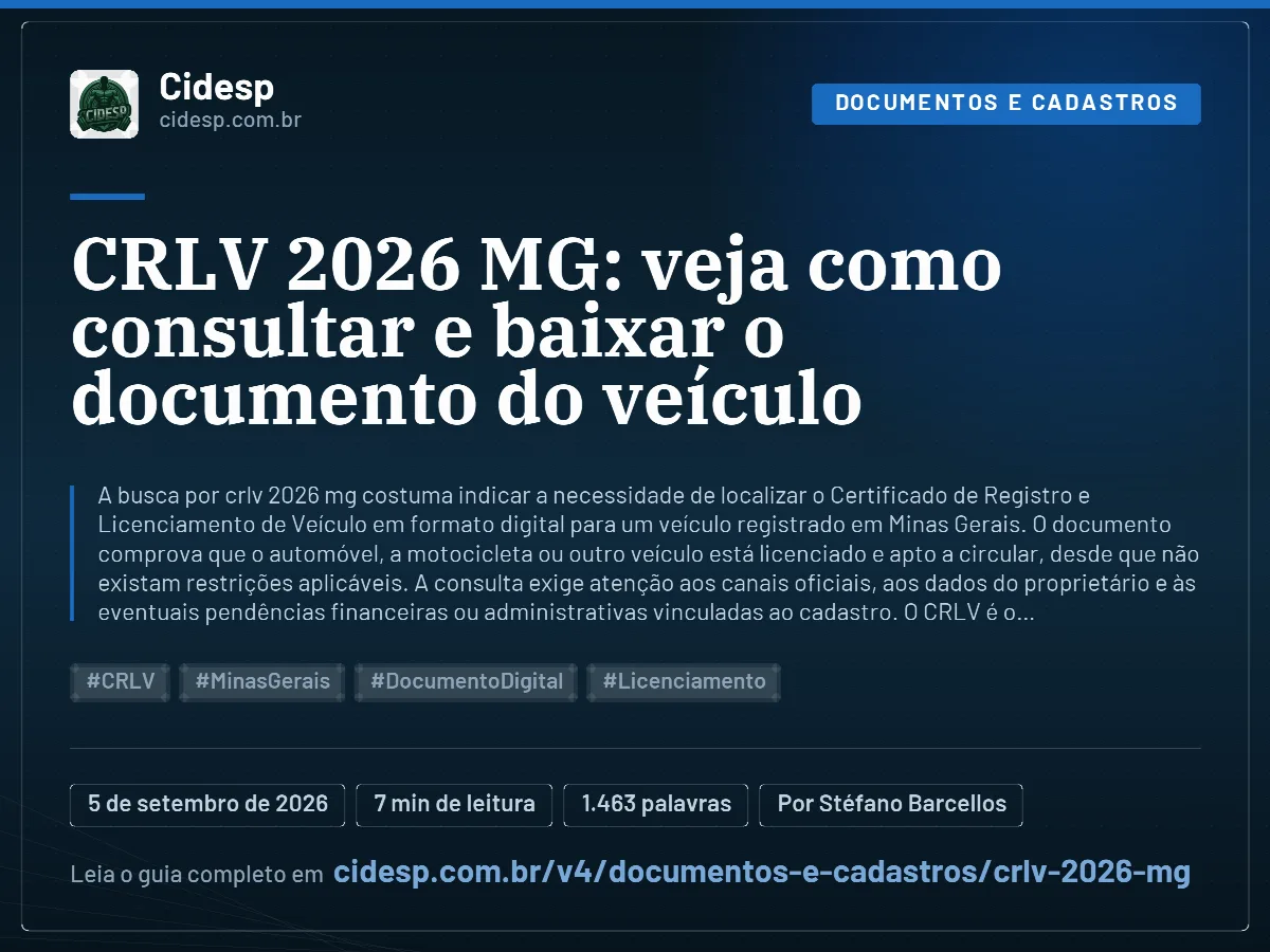 Cartão do artigo “CRLV 2026 MG: veja como consultar e baixar o documento do veículo”, com resumo, data de publicação e endereço da página.