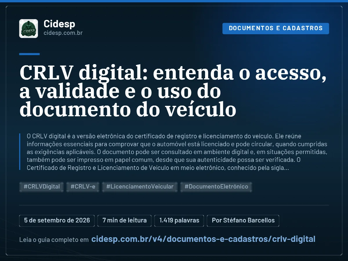 Cartão do artigo “CRLV digital: entenda o acesso, a validade e o uso do documento do veículo”, com resumo, data de publicação e endereço da página.