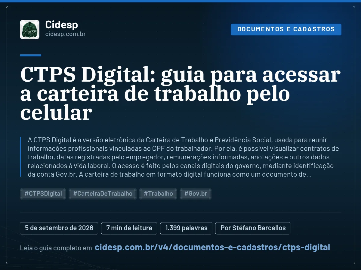 Cartão do artigo “CTPS Digital: guia para acessar a carteira de trabalho pelo celular”, com resumo, data de publicação e endereço da página.