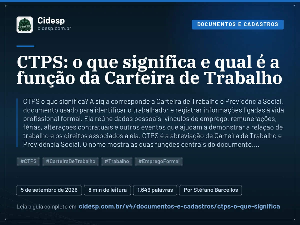 Cartão do artigo “CTPS: o que significa e qual é a função da Carteira de Trabalho”, com resumo, data de publicação e endereço da página.