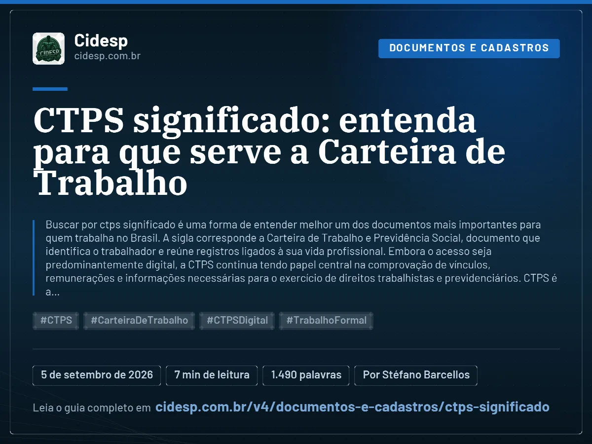 Cartão do artigo “CTPS significado: entenda para que serve a Carteira de Trabalho”, com resumo, data de publicação e endereço da página.
