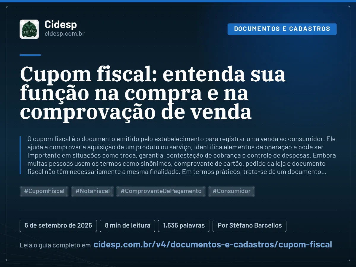 Cartão do artigo “Cupom fiscal: entenda sua função na compra e na comprovação de venda”, com resumo, data de publicação e endereço da página.