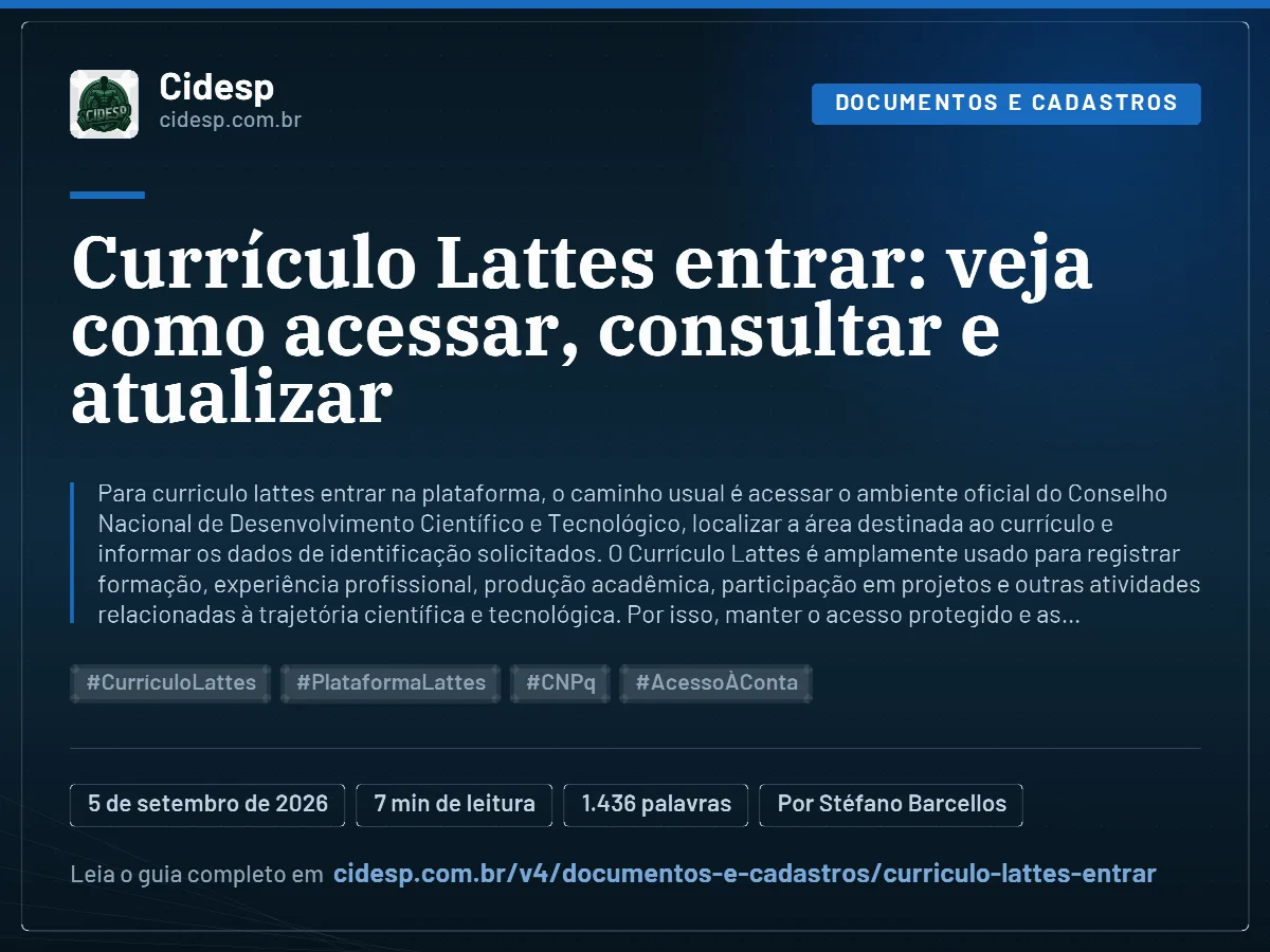 Cartão do artigo “Currículo Lattes entrar: veja como acessar, consultar e atualizar”, com resumo, data de publicação e endereço da página.