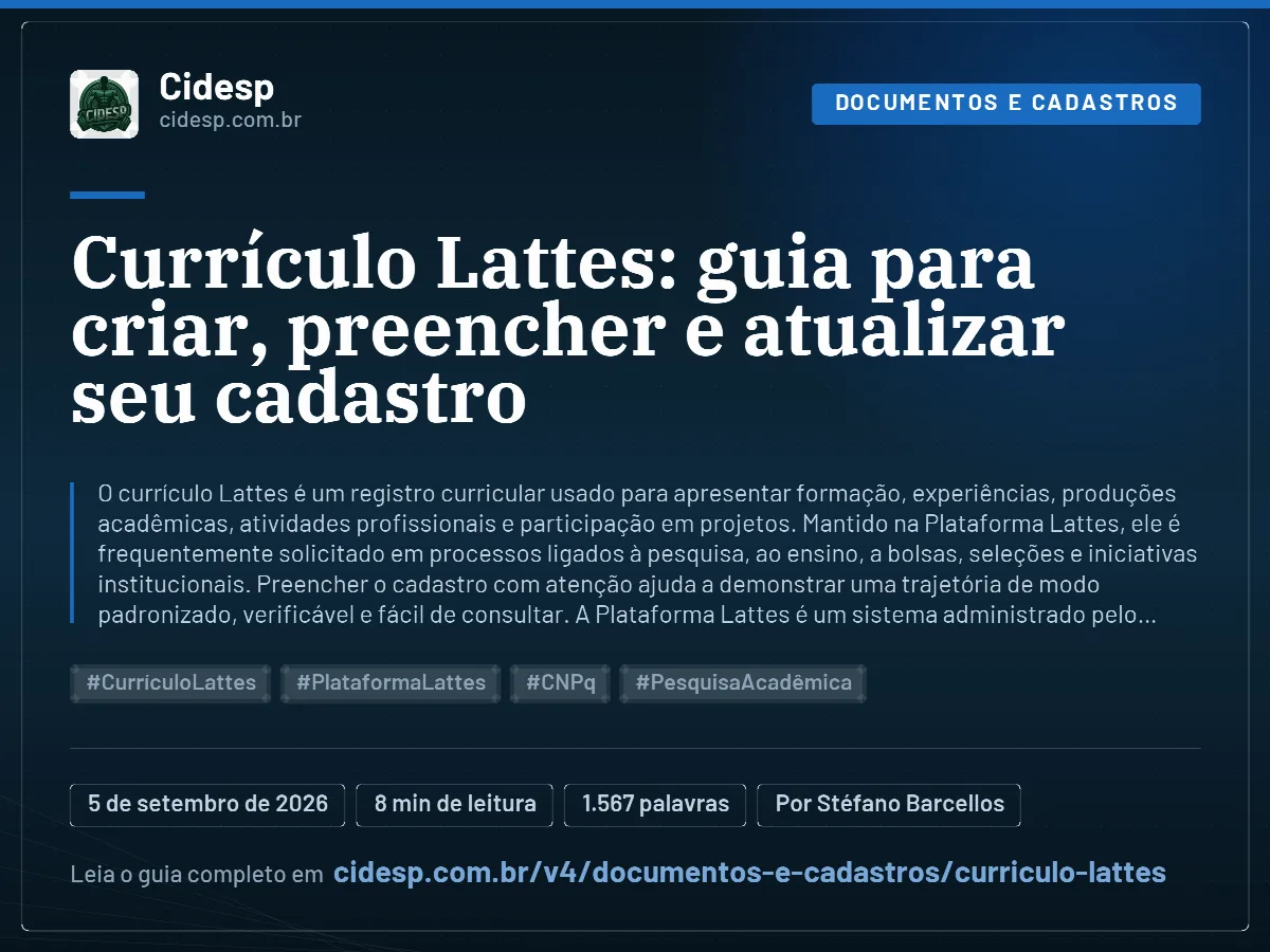 Cartão do artigo “Currículo Lattes: guia para criar, preencher e atualizar seu cadastro”, com resumo, data de publicação e endereço da página.