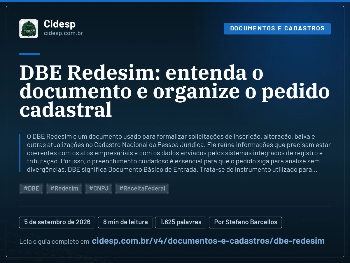 Cartão do artigo “DBE Redesim: entenda o documento e organize o pedido cadastral”, com resumo, data de publicação e endereço da página.