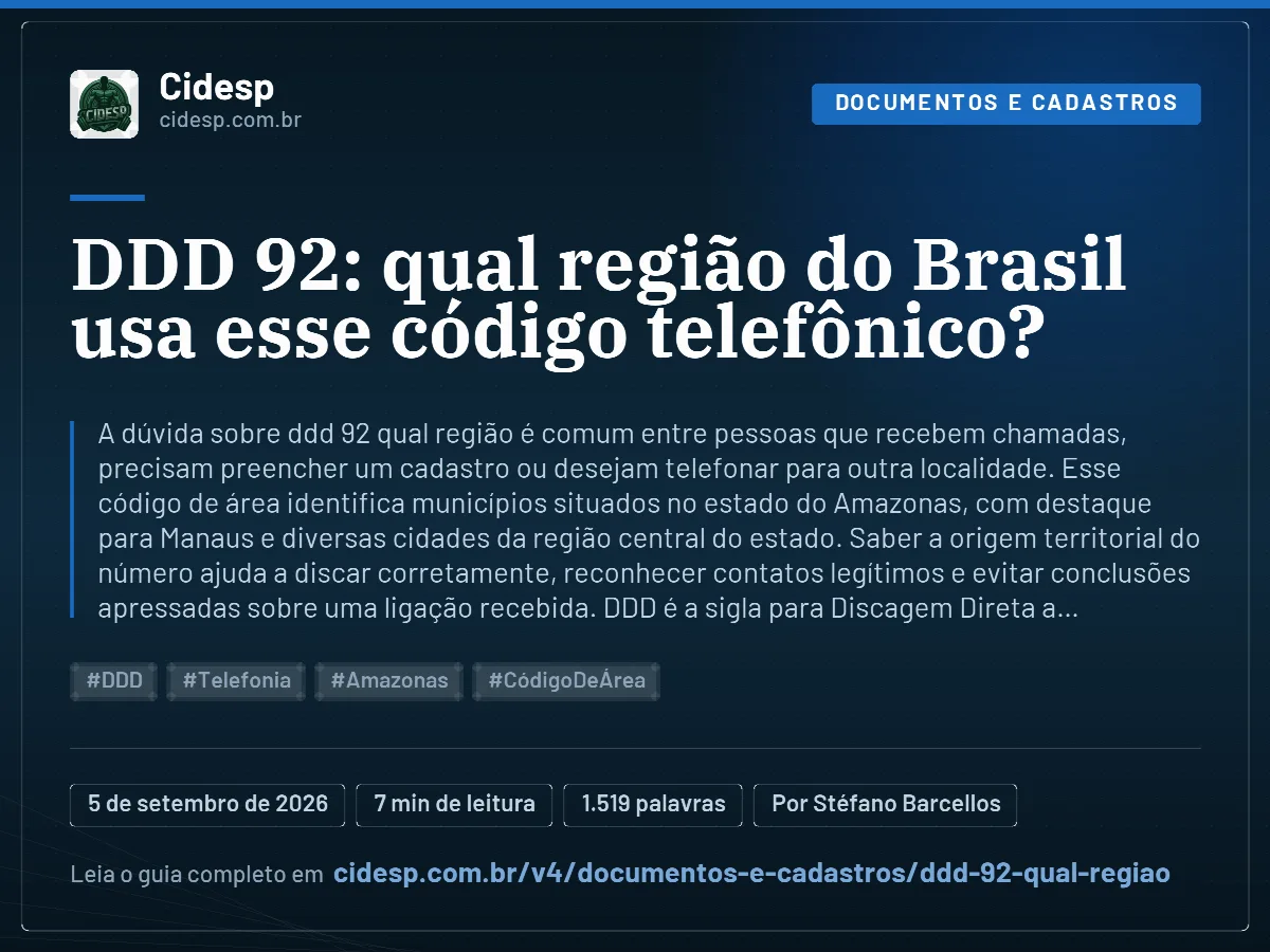 Cartão do artigo “DDD 92: qual região do Brasil usa esse código telefônico?”, com resumo, data de publicação e endereço da página.