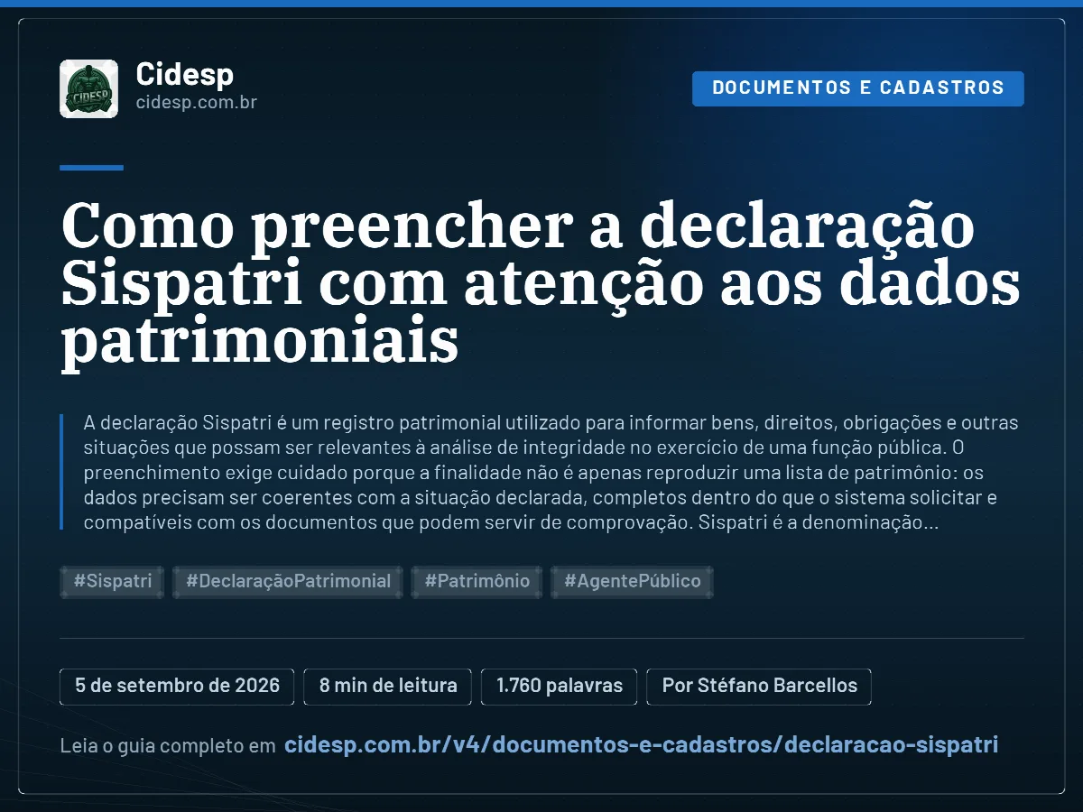 Cartão do artigo “Como preencher a declaração Sispatri com atenção aos dados patrimoniais”, com resumo, data de publicação e endereço da página.