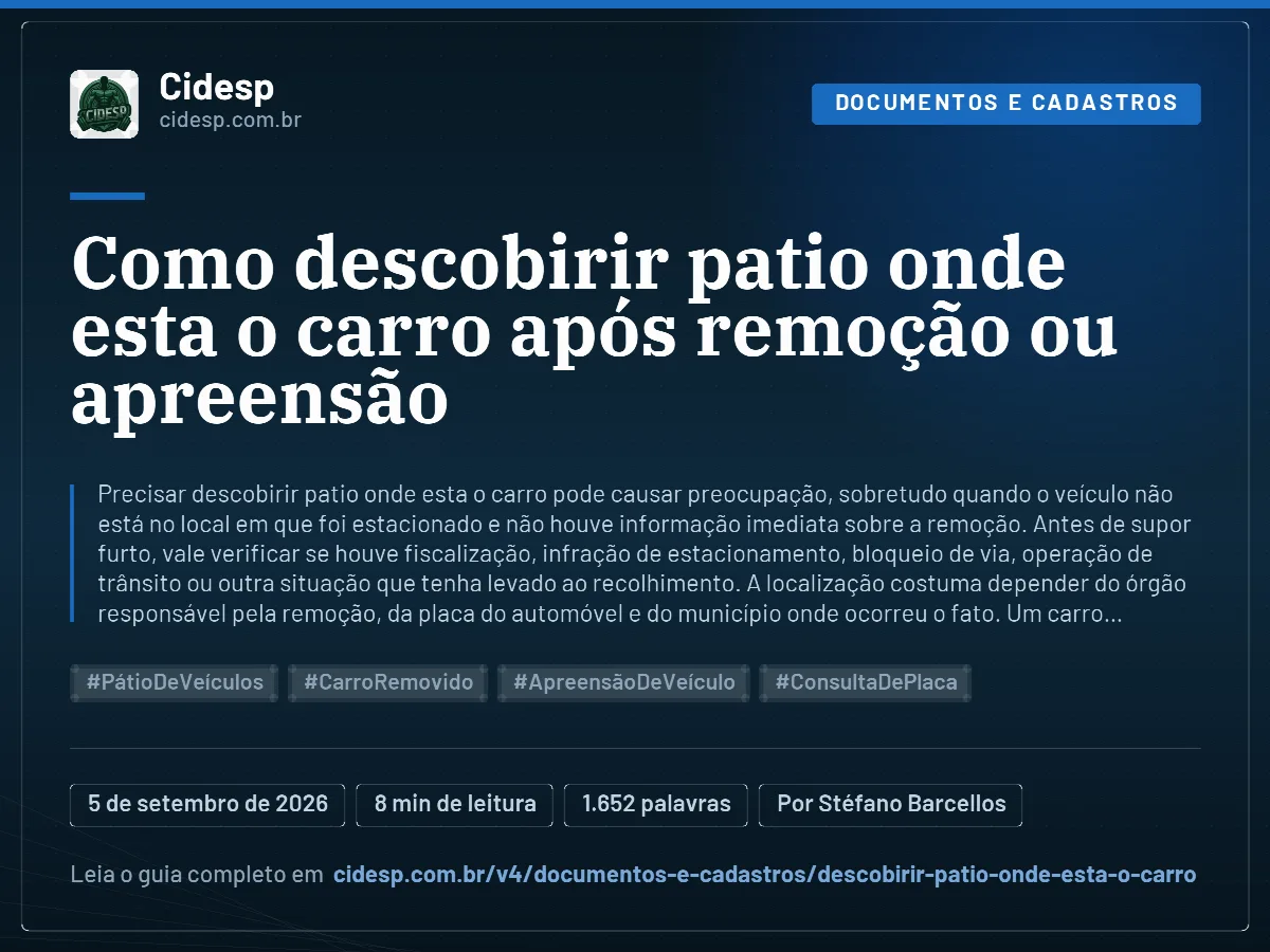 Cartão do artigo “Como descobirir patio onde esta o carro após remoção ou apreensão”, com resumo, data de publicação e endereço da página.