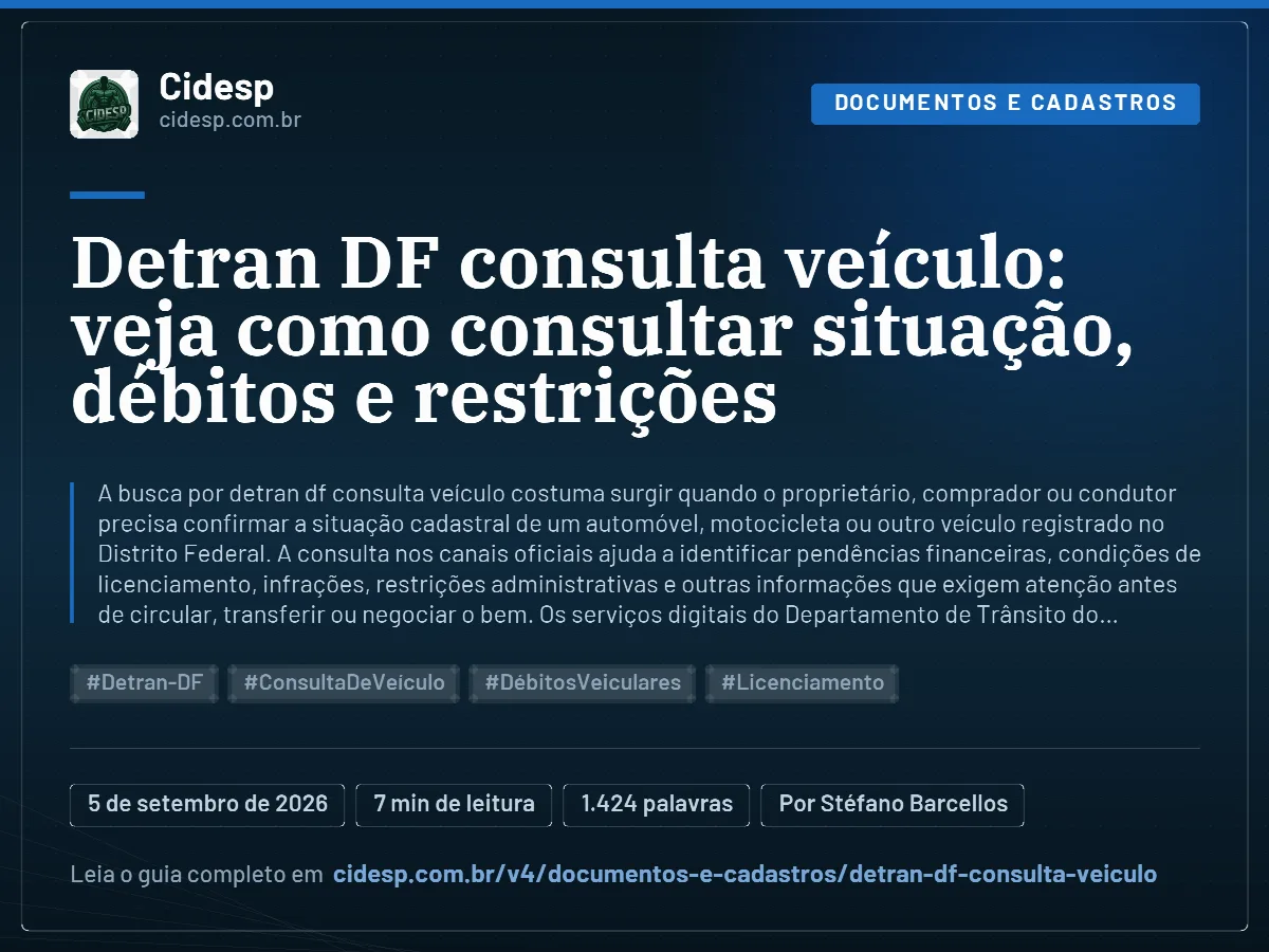 Cartão do artigo “Detran DF consulta veículo: veja como consultar situação, débitos e restrições”, com resumo, data de publicação e endereço da página.