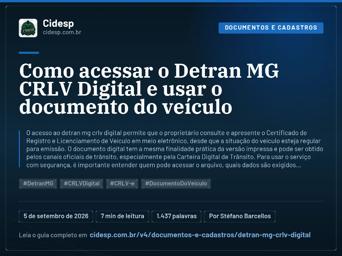 Cartão do artigo “Como acessar o Detran MG CRLV Digital e usar o documento do veículo”, com resumo, data de publicação e endereço da página.