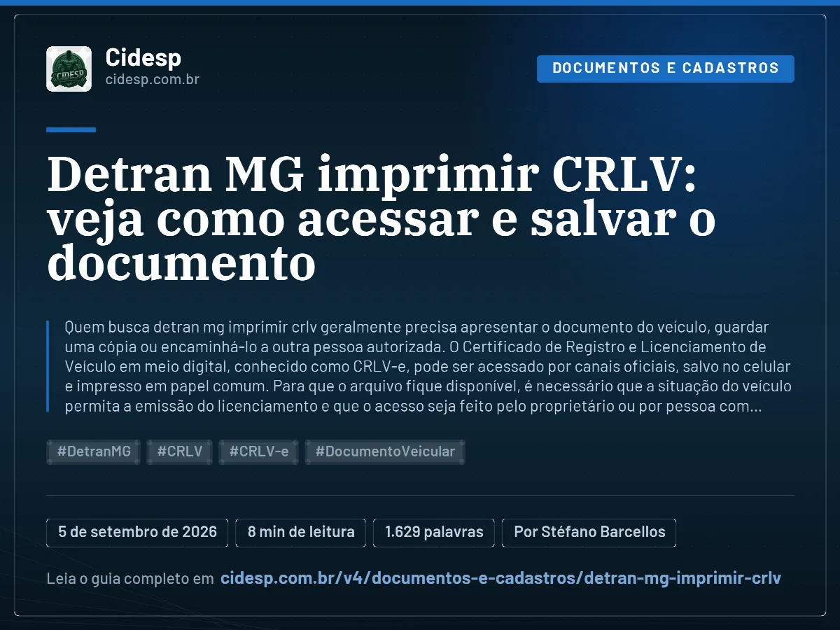 Cartão do artigo “Detran MG imprimir CRLV: veja como acessar e salvar o documento”, com resumo, data de publicação e endereço da página.