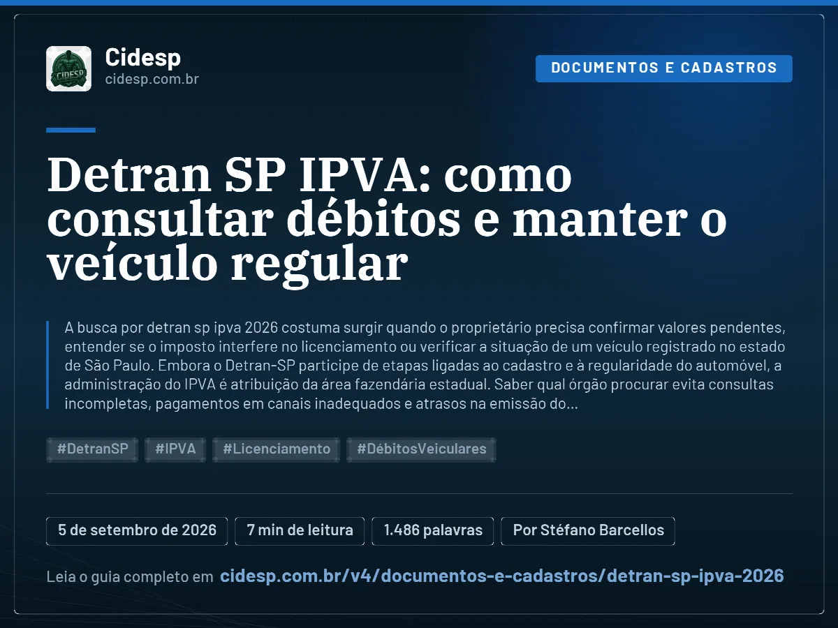 Cartão do artigo “Detran SP IPVA: como consultar débitos e manter o veículo regular”, com resumo, data de publicação e endereço da página.