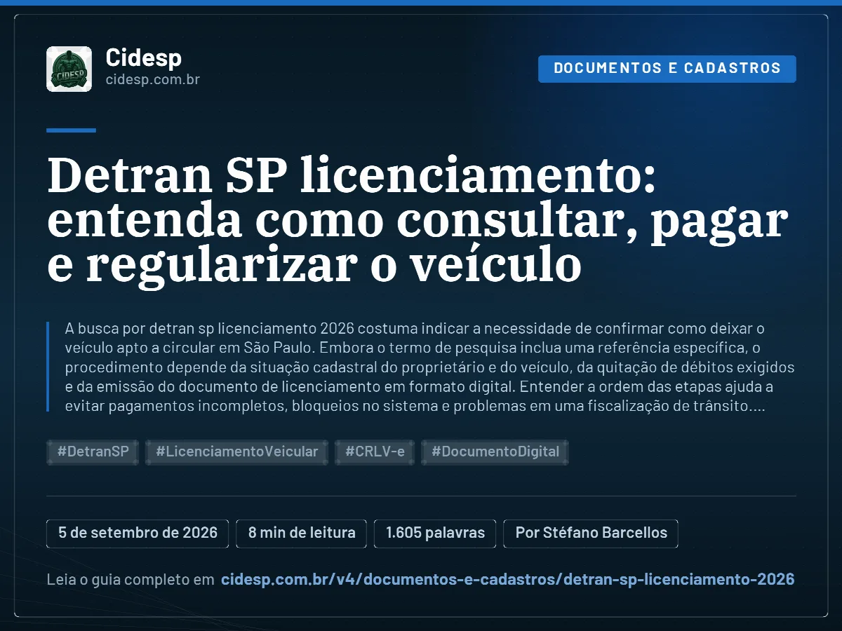 Cartão do artigo “Detran SP licenciamento: entenda como consultar, pagar e regularizar o veículo”, com resumo, data de publicação e endereço da página.