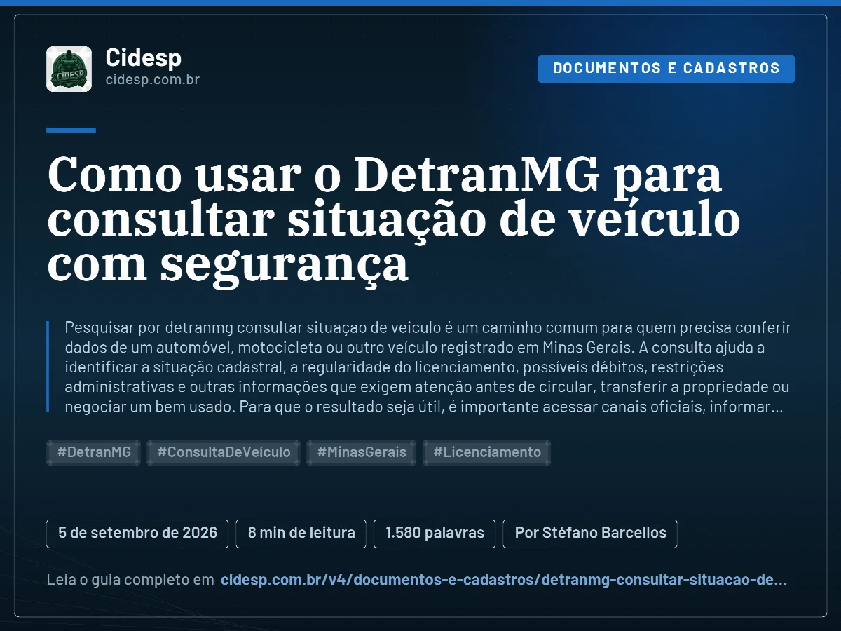 Cartão do artigo “Como usar o DetranMG para consultar situação de veículo com segurança”, com resumo, data de publicação e endereço da página.