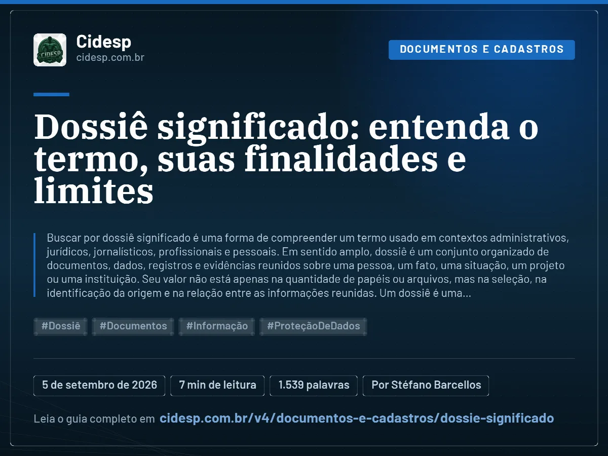 Cartão do artigo “Dossiê significado: entenda o termo, suas finalidades e limites”, com resumo, data de publicação e endereço da página.
