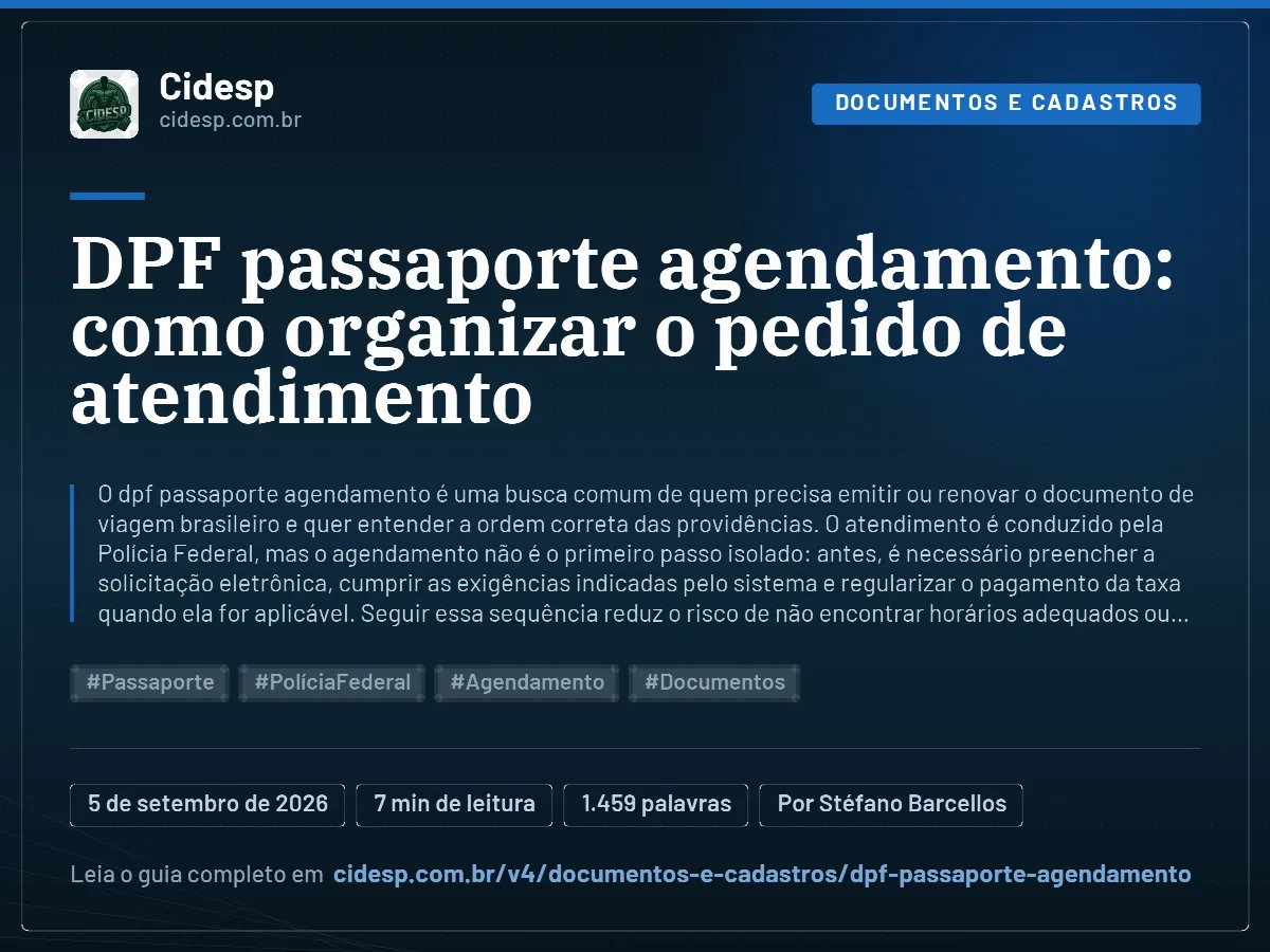 Cartão do artigo “DPF passaporte agendamento: como organizar o pedido de atendimento”, com resumo, data de publicação e endereço da página.