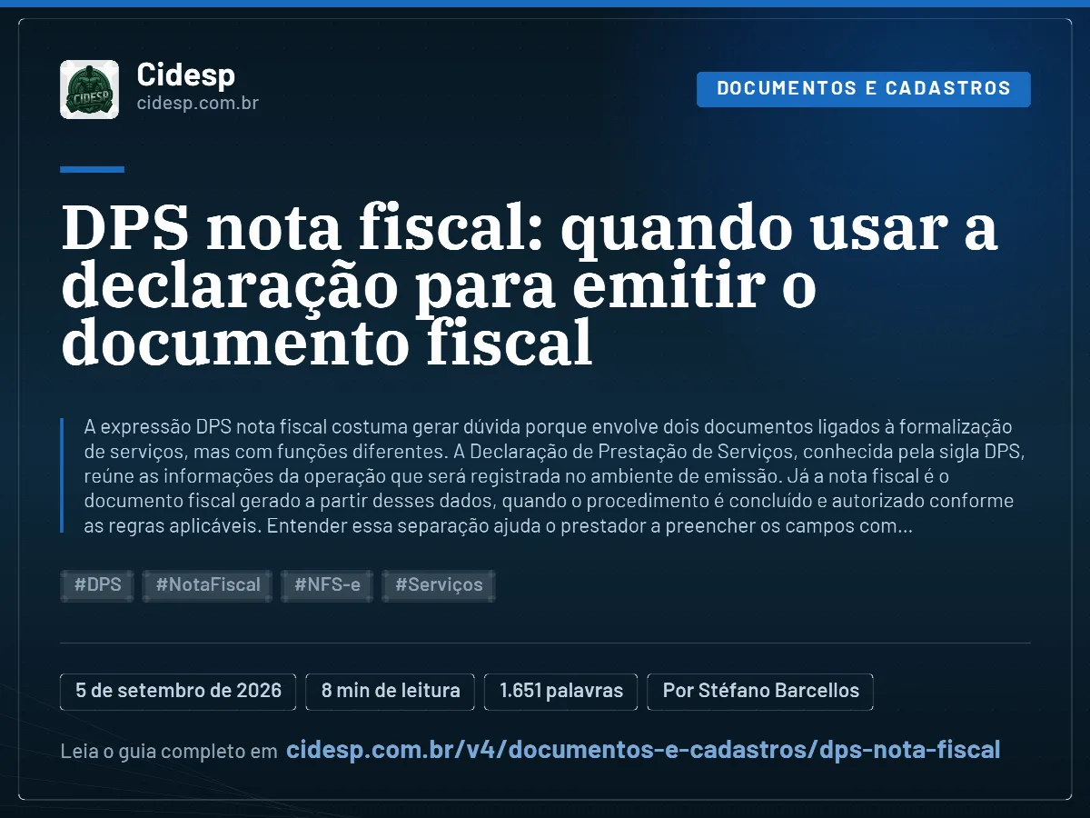 Cartão do artigo “DPS nota fiscal: quando usar a declaração para emitir o documento fiscal”, com resumo, data de publicação e endereço da página.