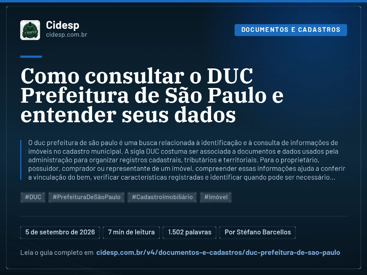 Cartão do artigo “Como consultar o DUC Prefeitura de São Paulo e entender seus dados”, com resumo, data de publicação e endereço da página.