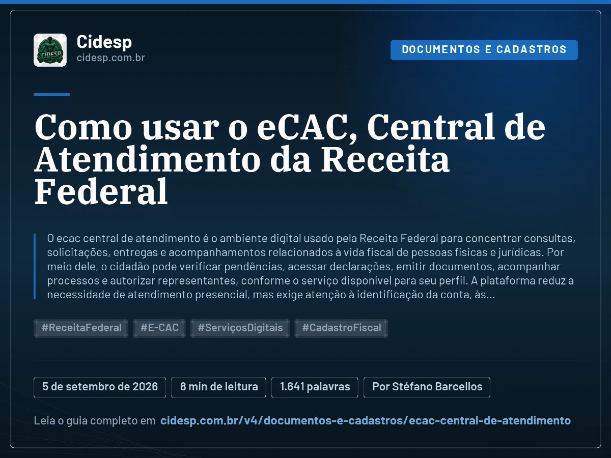 Cartão do artigo “Como usar o eCAC, Central de Atendimento da Receita Federal”, com resumo, data de publicação e endereço da página.