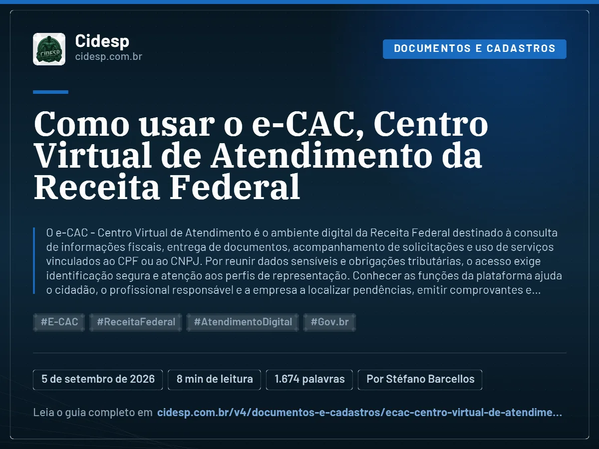 Cartão do artigo “Como usar o e-CAC, Centro Virtual de Atendimento da Receita Federal”, com resumo, data de publicação e endereço da página.