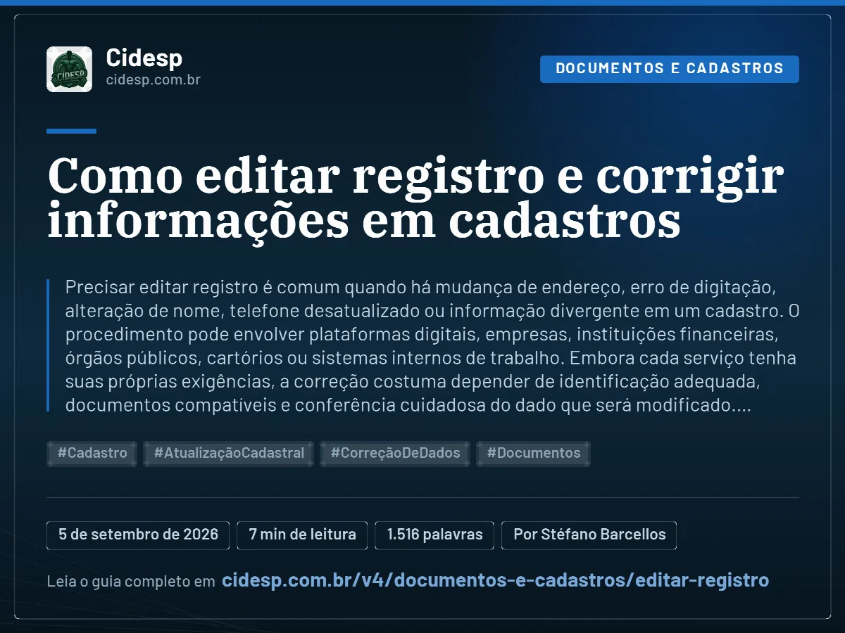 Cartão do artigo “Como editar registro e corrigir informações em cadastros”, com resumo, data de publicação e endereço da página.