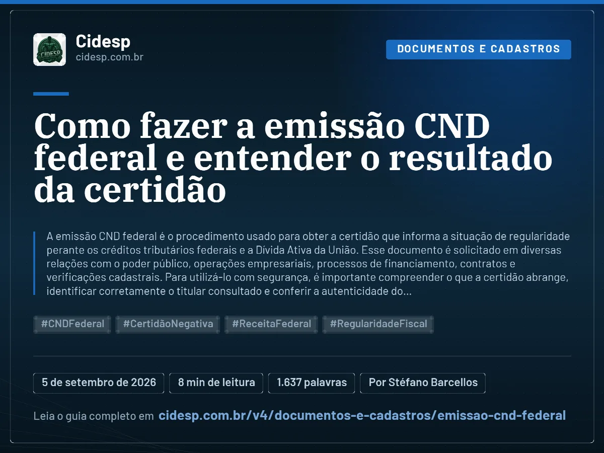 Cartão do artigo “Como fazer a emissão CND federal e entender o resultado da certidão”, com resumo, data de publicação e endereço da página.