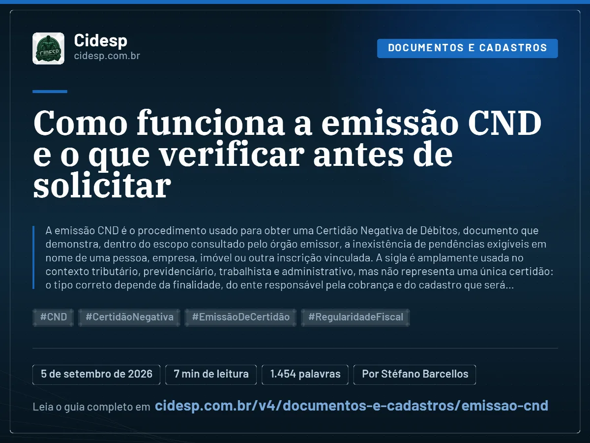 Cartão do artigo “Como funciona a emissão CND e o que verificar antes de solicitar”, com resumo, data de publicação e endereço da página.