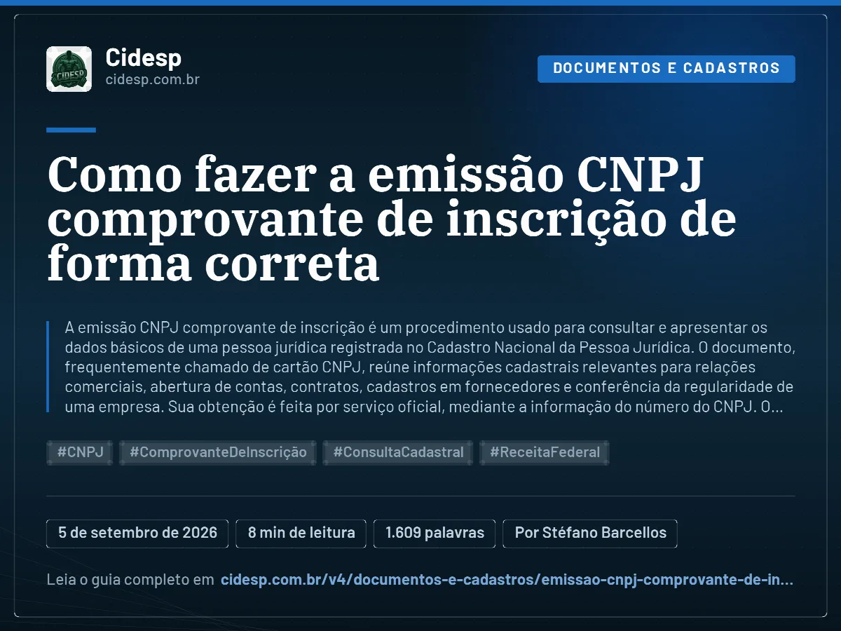 Cartão do artigo “Como fazer a emissão CNPJ comprovante de inscrição de forma correta”, com resumo, data de publicação e endereço da página.