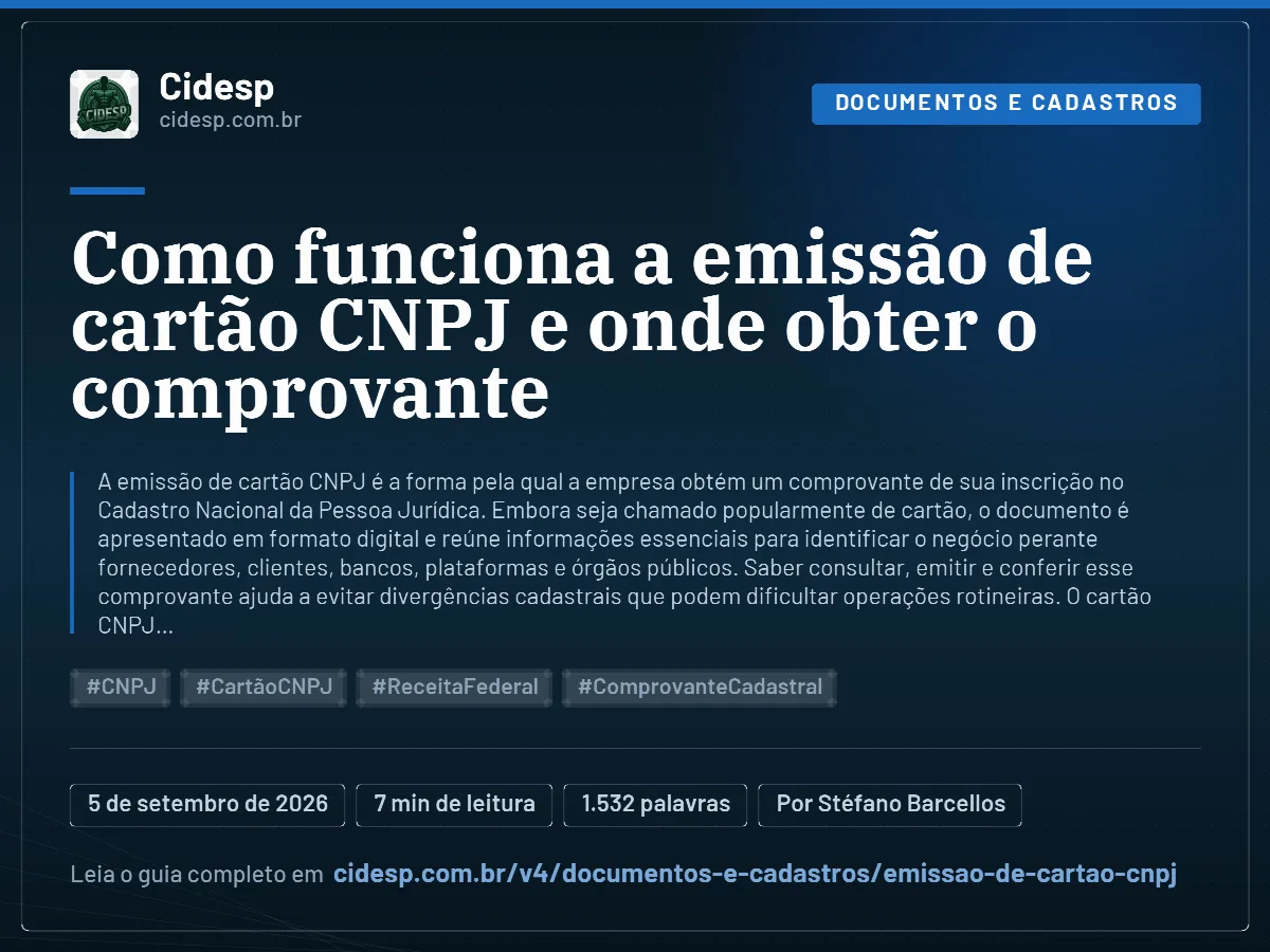 Cartão do artigo “Como funciona a emissão de cartão CNPJ e onde obter o comprovante”, com resumo, data de publicação e endereço da página.