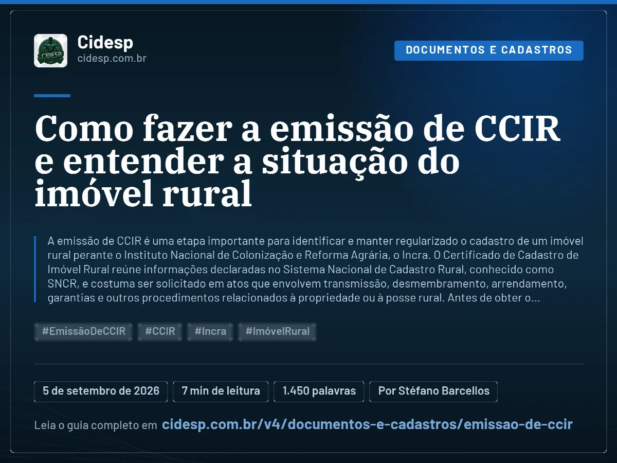 Cartão do artigo “Como fazer a emissão de CCIR e entender a situação do imóvel rural”, com resumo, data de publicação e endereço da página.