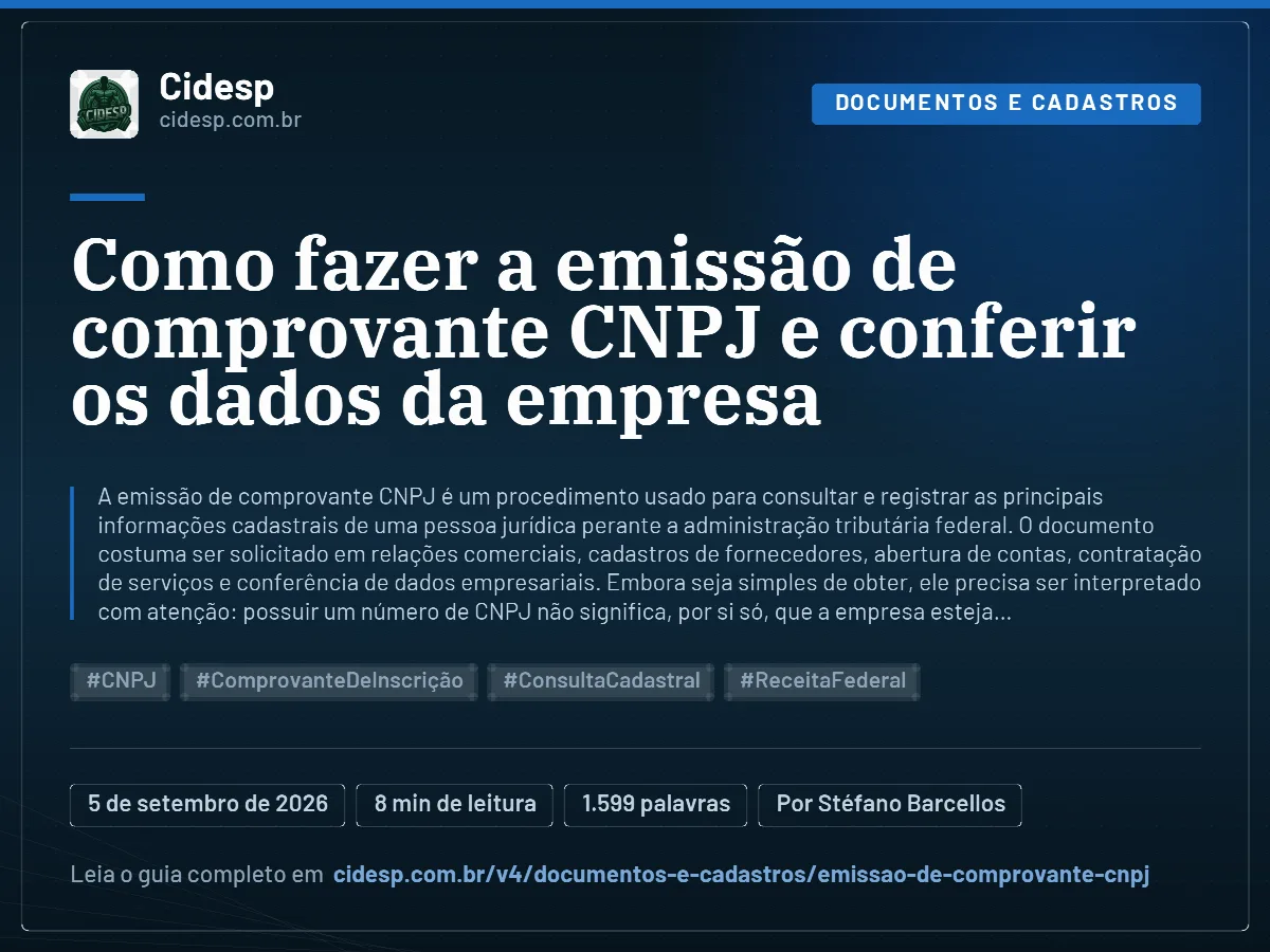 Cartão do artigo “Como fazer a emissão de comprovante CNPJ e conferir os dados da empresa”, com resumo, data de publicação e endereço da página.