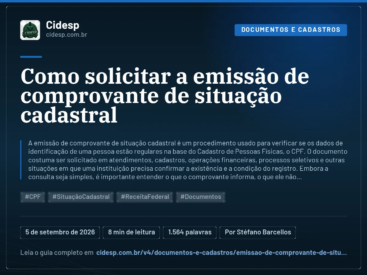Cartão do artigo “Como solicitar a emissão de comprovante de situação cadastral”, com resumo, data de publicação e endereço da página.