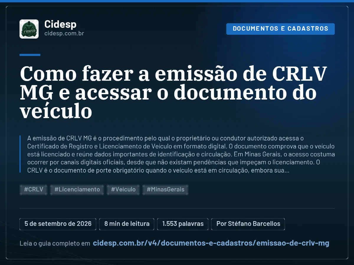 Cartão do artigo “Como fazer a emissão de CRLV MG e acessar o documento do veículo”, com resumo, data de publicação e endereço da página.