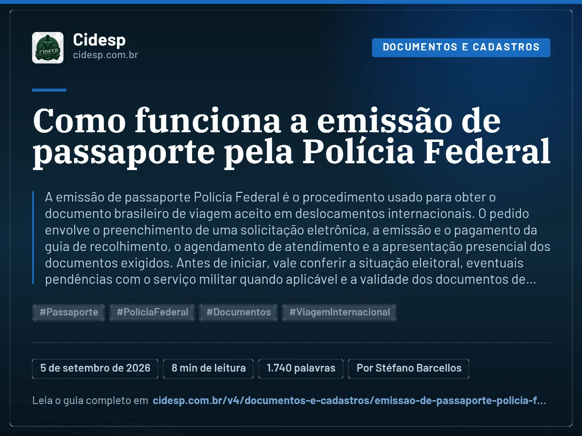 Cartão do artigo “Como funciona a emissão de passaporte pela Polícia Federal”, com resumo, data de publicação e endereço da página.