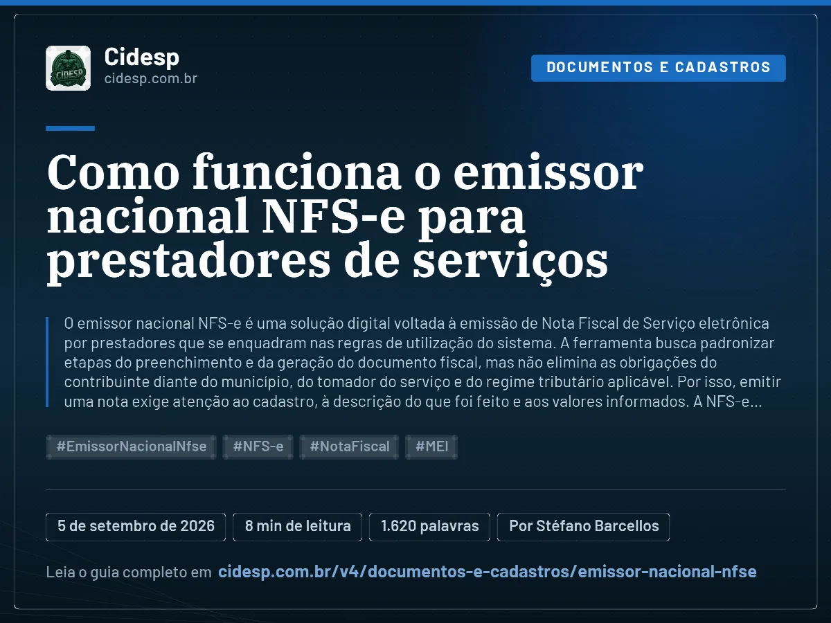 Cartão do artigo “Como funciona o emissor nacional NFS-e para prestadores de serviços”, com resumo, data de publicação e endereço da página.