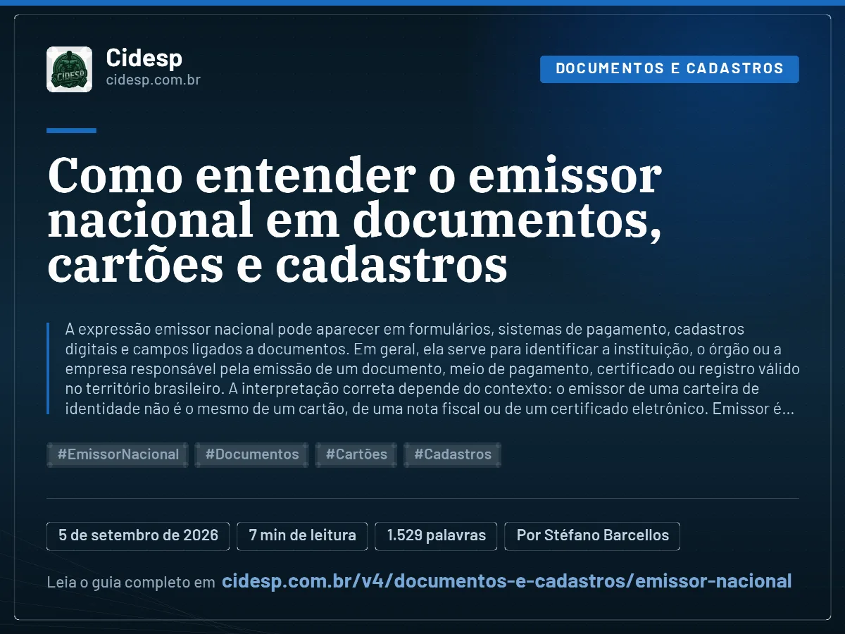 Cartão do artigo “Como entender o emissor nacional em documentos, cartões e cadastros”, com resumo, data de publicação e endereço da página.