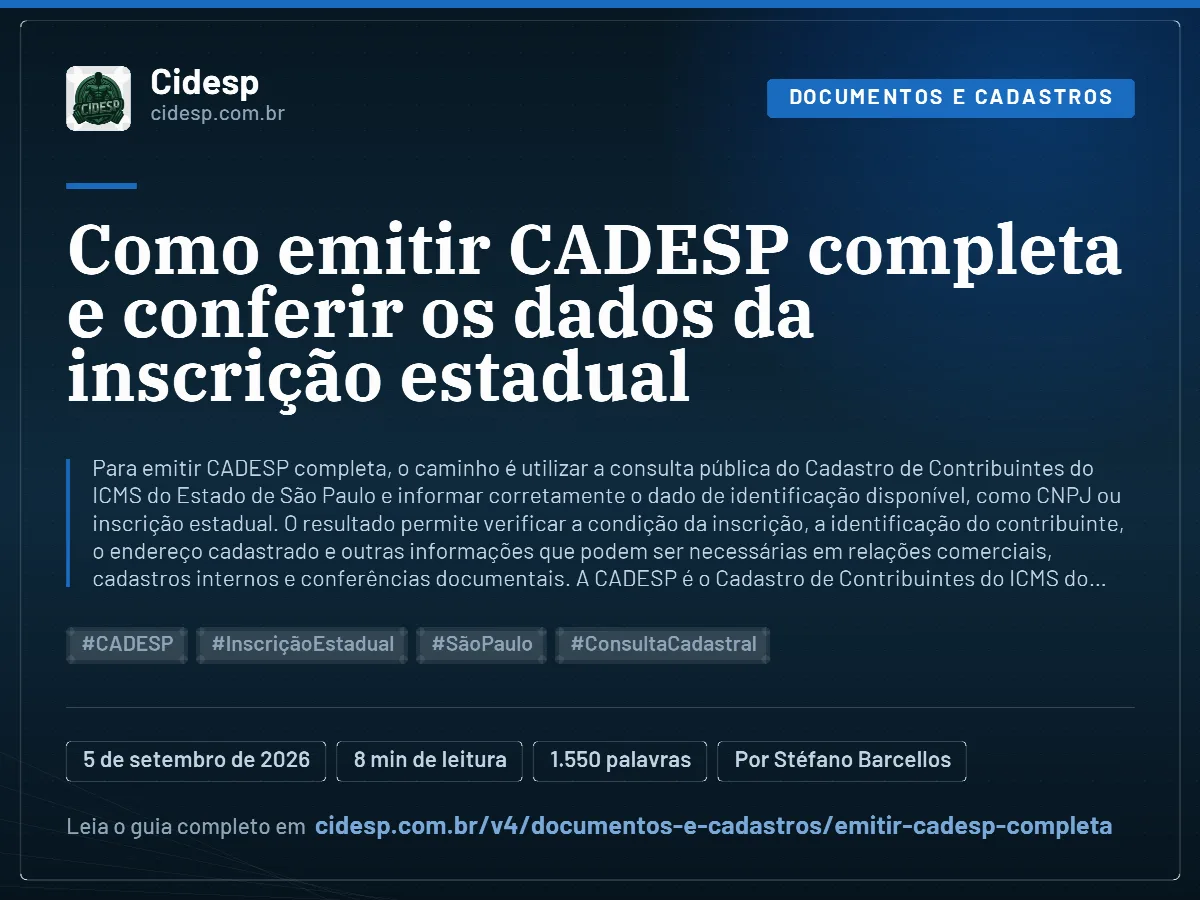 Cartão do artigo “Como emitir CADESP completa e conferir os dados da inscrição estadual”, com resumo, data de publicação e endereço da página.