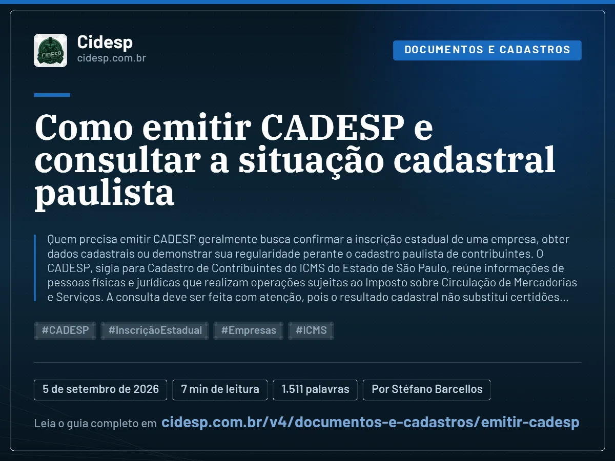Cartão do artigo “Como emitir CADESP e consultar a situação cadastral paulista”, com resumo, data de publicação e endereço da página.